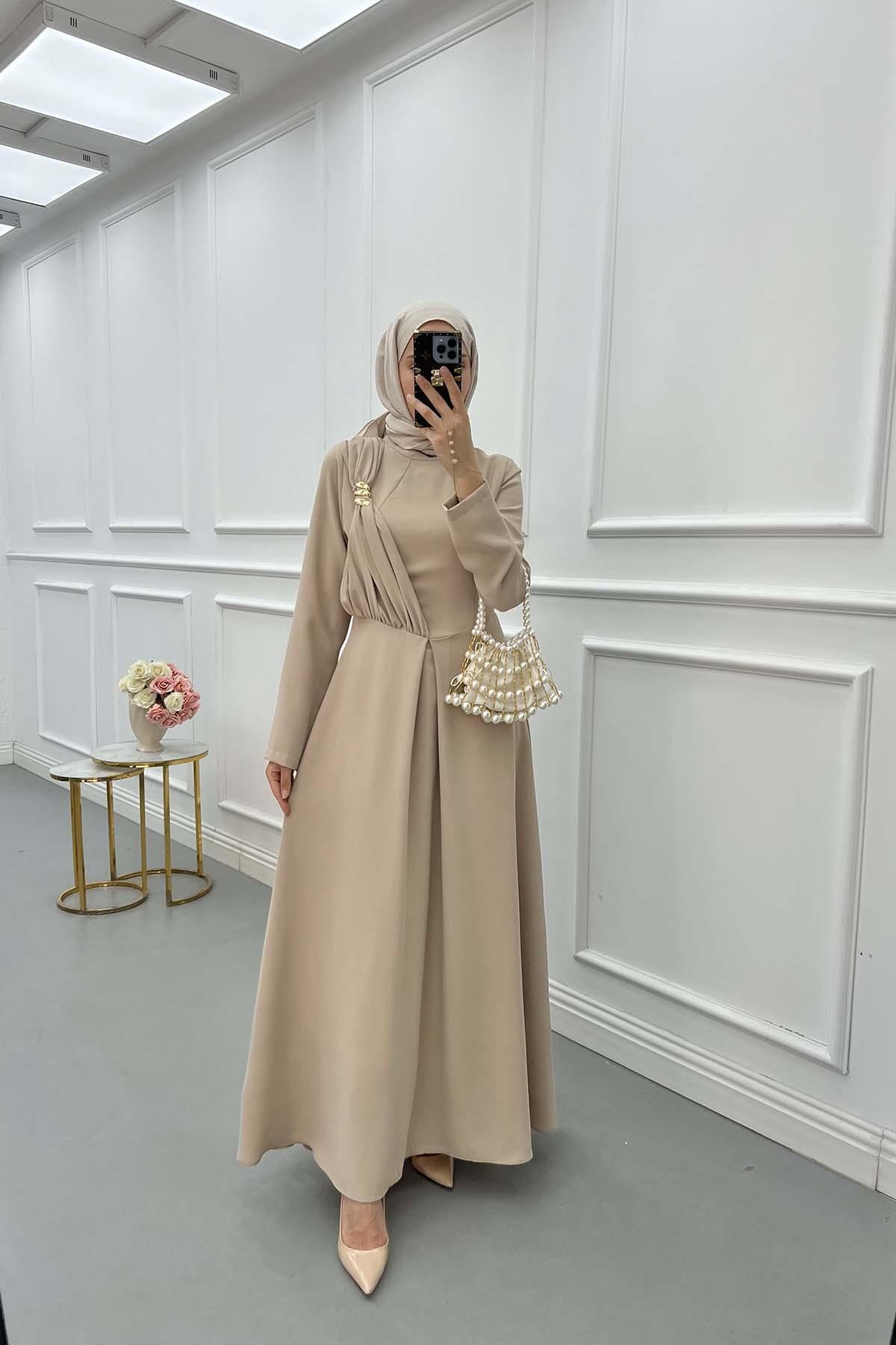 Sare Fashion Shoulder Detailed Lined Dress Beige