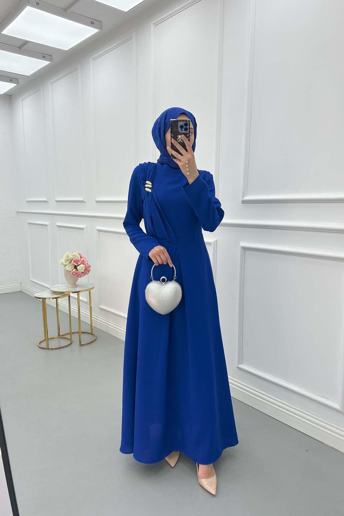 Sare Fashion Shoulder Detailed Lined Dress Saxe Blue