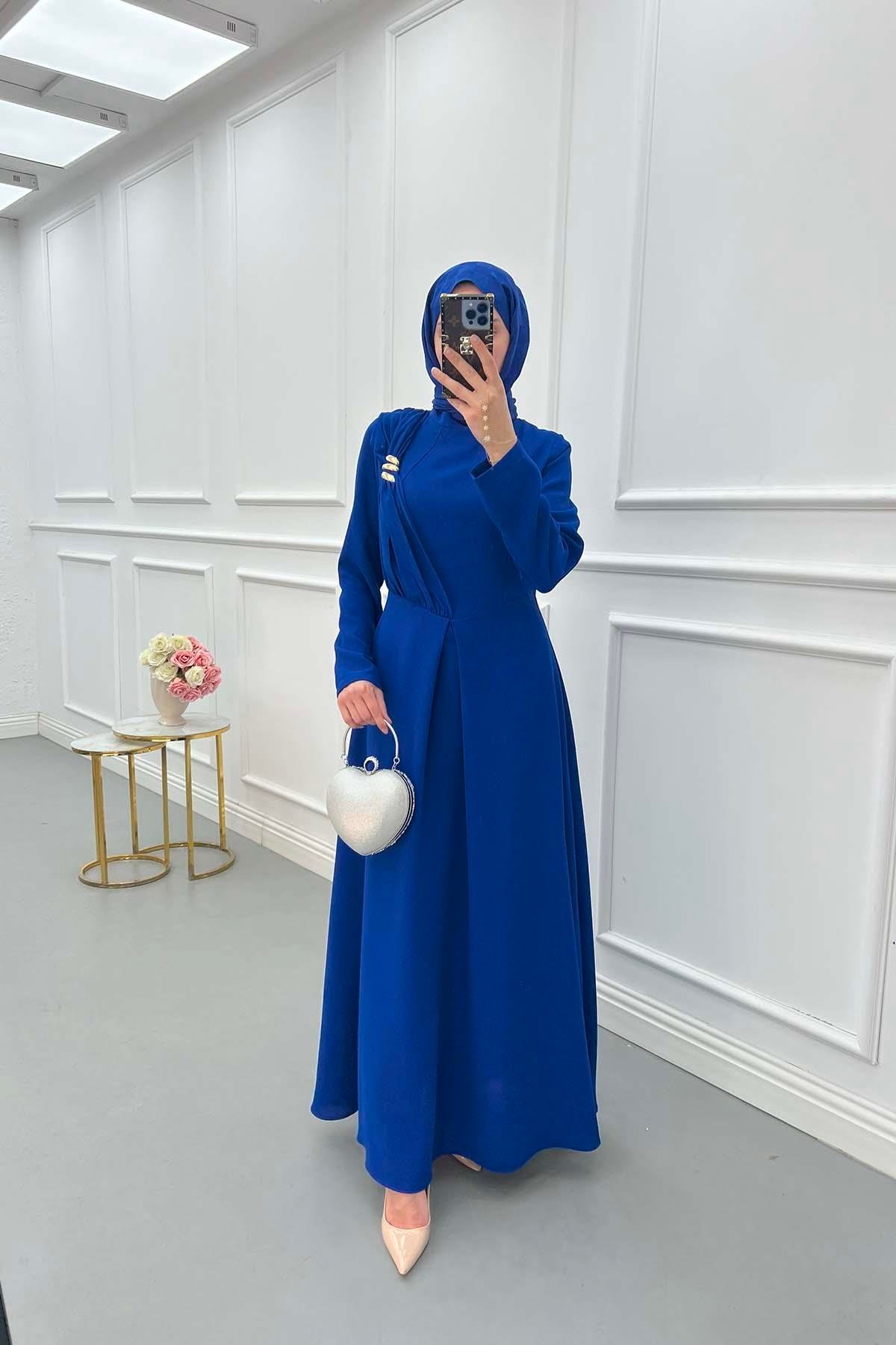 Sare Fashion Shoulder Detailed Lined Dress Saxe Blue