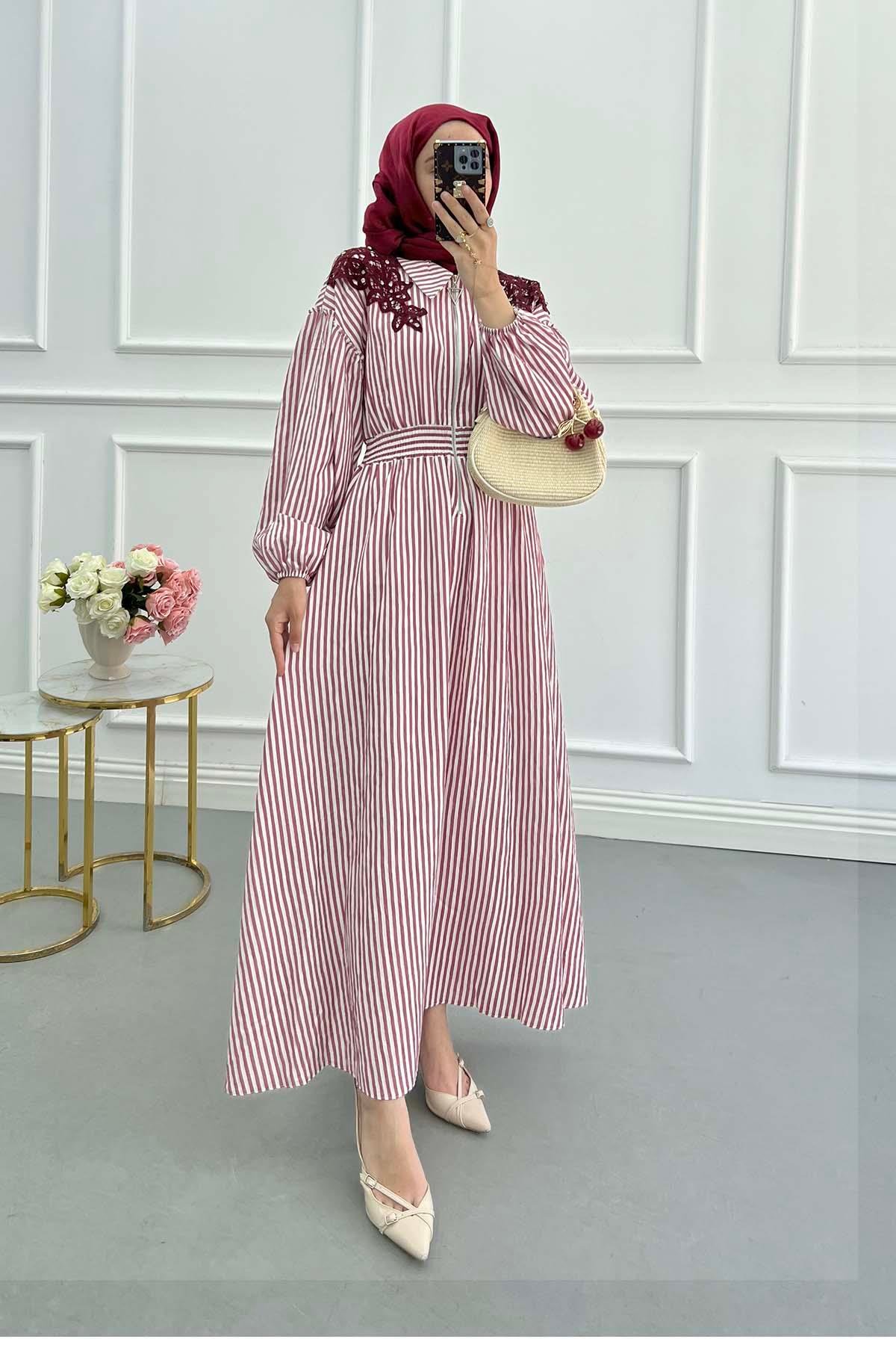 Sare Fashion Shoulder Detailed Elastic Waist Striped Dress Burgundy