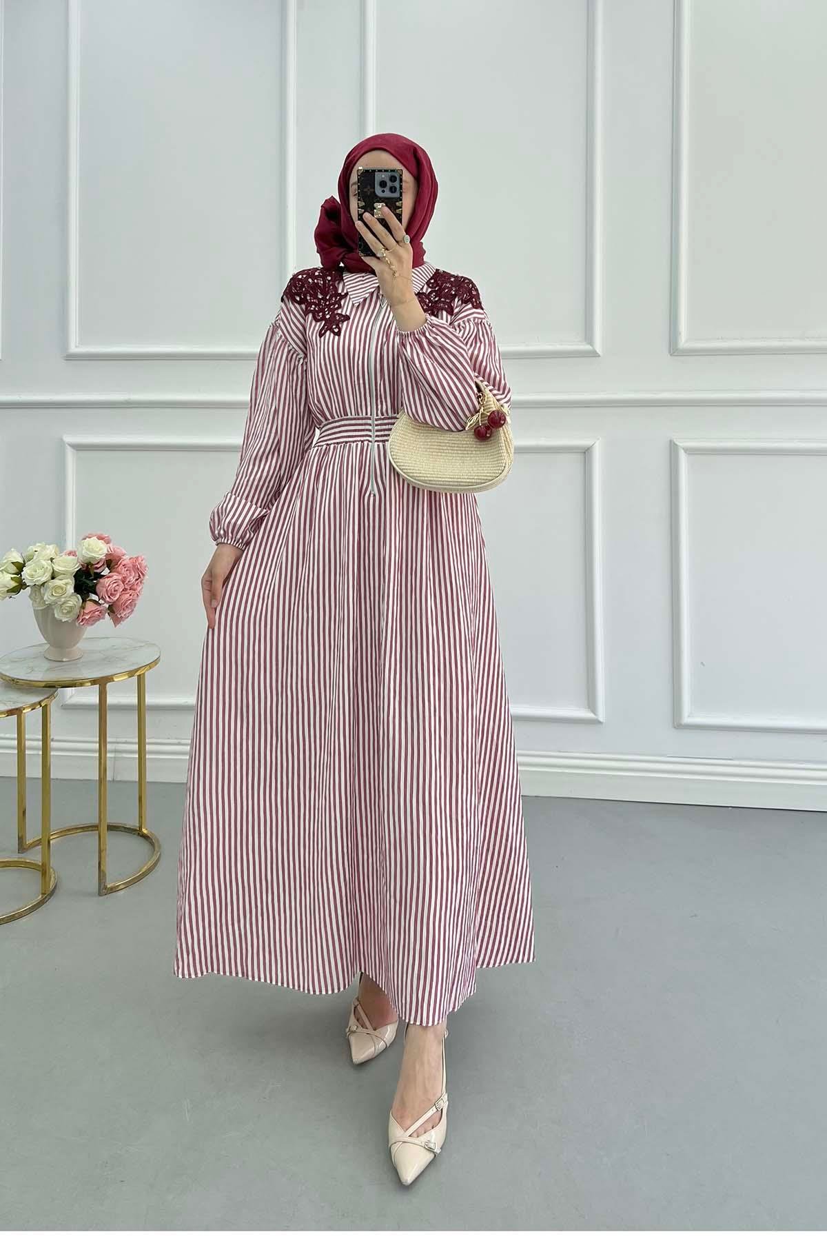 Sare Fashion Shoulder Detailed Elastic Waist Striped Dress Burgundy