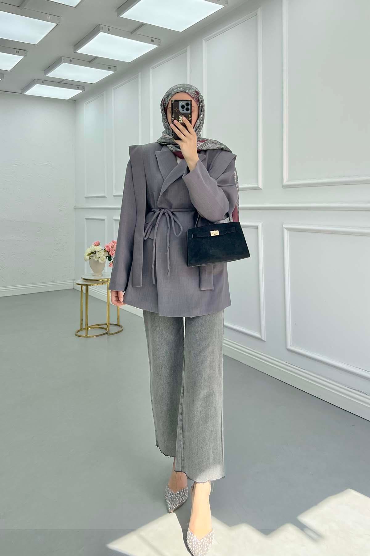 Sare Fashion Belted Lined Jacket with Shoulder Details Anthracite