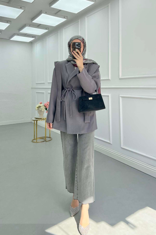 Sare Fashion Belted Lined Jacket with Shoulder Details Anthracite