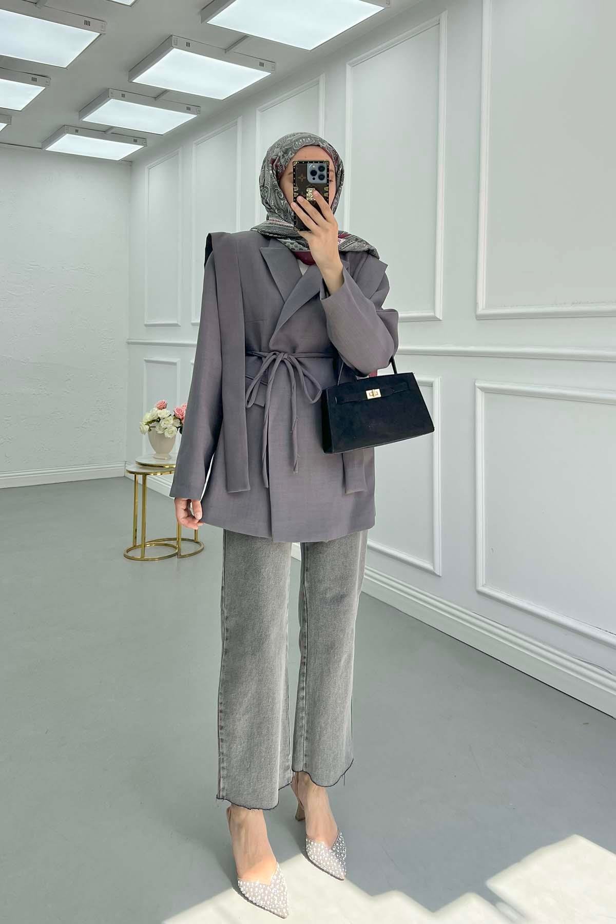 Sare Fashion Belted Lined Jacket with Shoulder Details Anthracite
