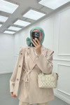 Sare Fashion Shoulder Detailed Belted Lined Jacket Beige
