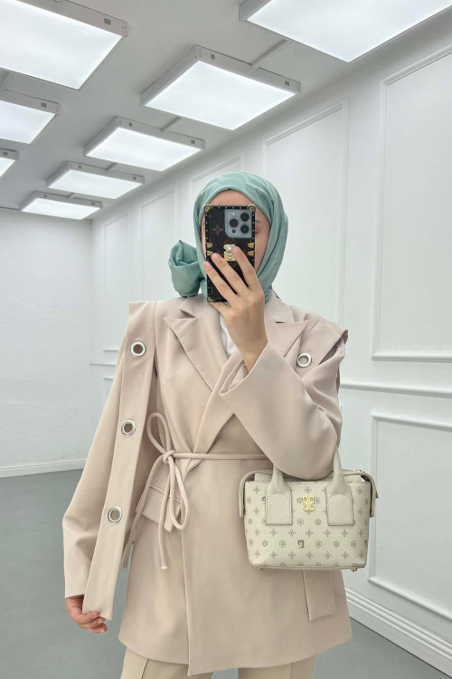 Sare Fashion Shoulder Detailed Belted Lined Jacket Beige