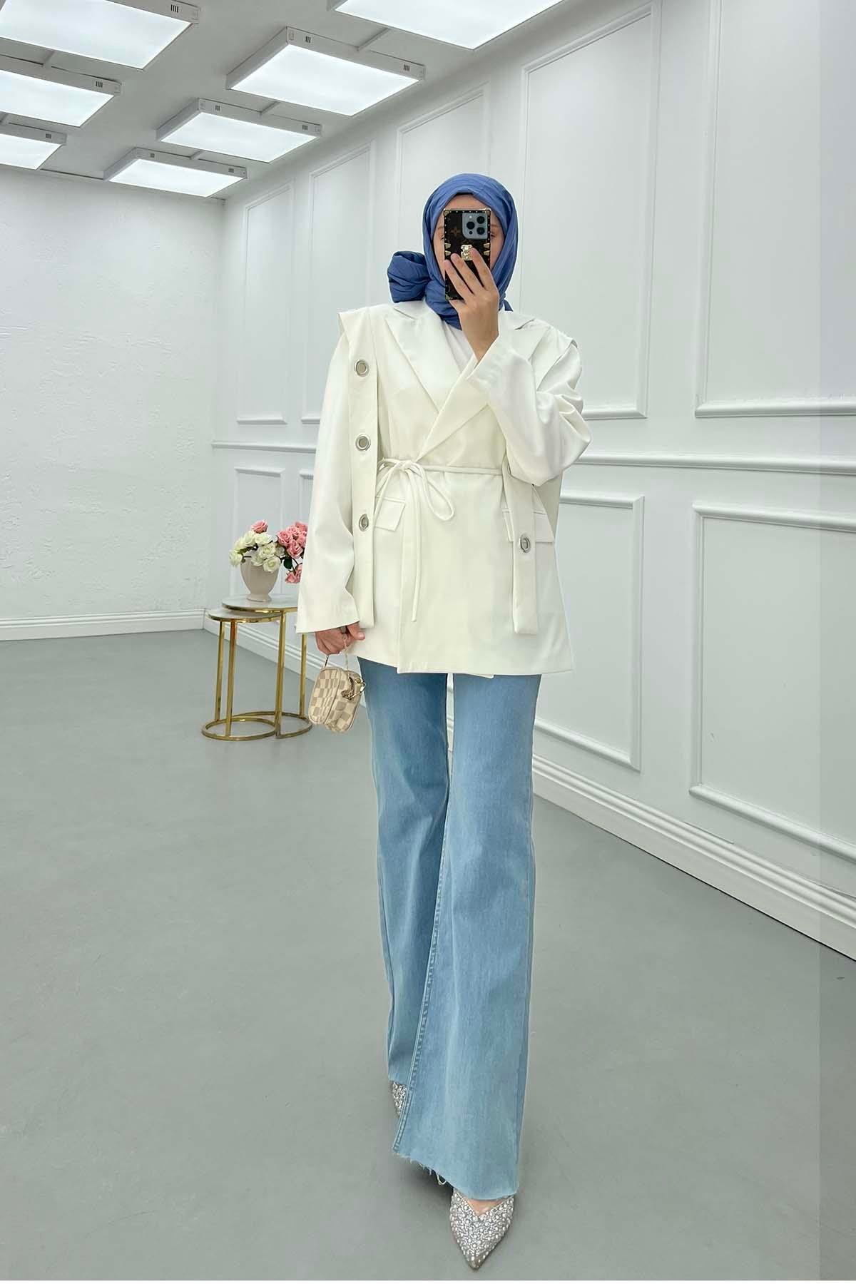 Sare Fashion Shoulder Detailed Belted Lined Jacket White
