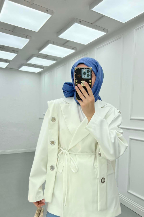 Sare Fashion Shoulder Detailed Belted Lined Jacket White