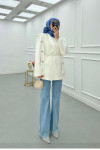Sare Fashion Shoulder Detailed Belted Lined Jacket White
