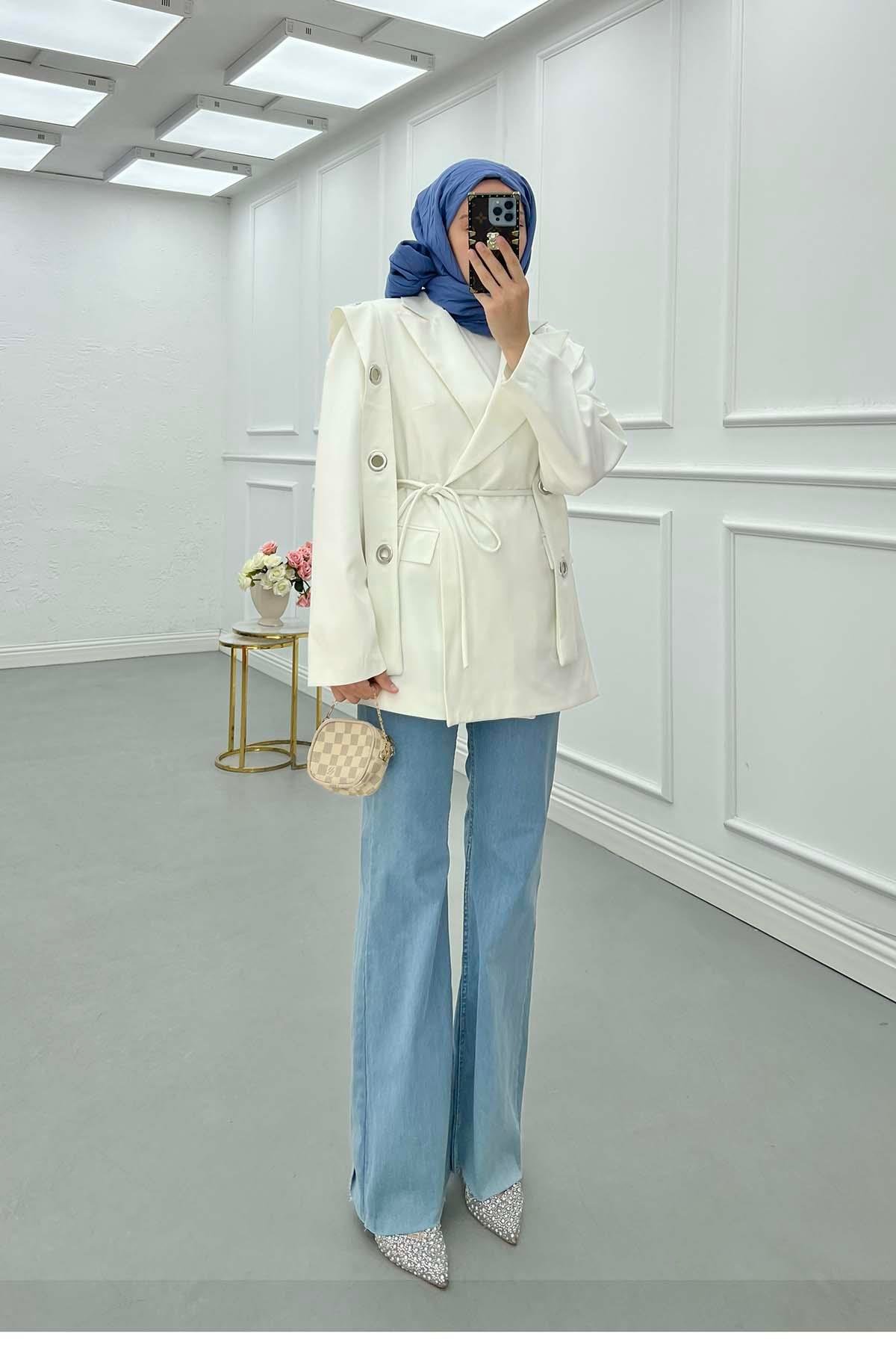 Sare Fashion Shoulder Detailed Belted Lined Jacket White