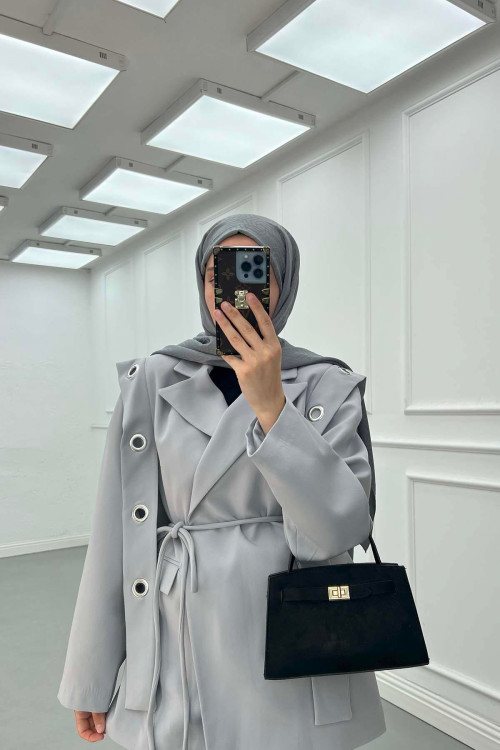 Sare Fashion Shoulder Detailed Belted Lined Jacket Gray