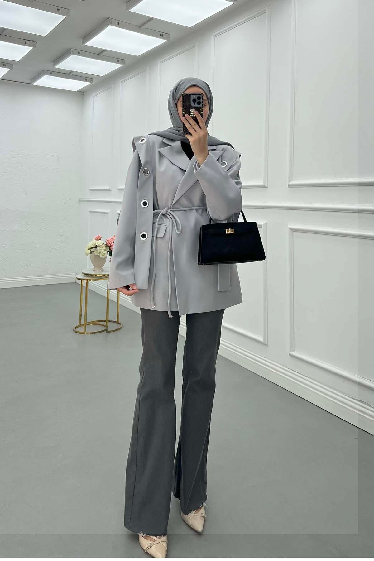 Sare Fashion Shoulder Detailed Belted Lined Jacket Gray