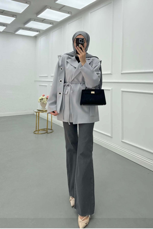 Sare Fashion Shoulder Detailed Belted Lined Jacket Gray