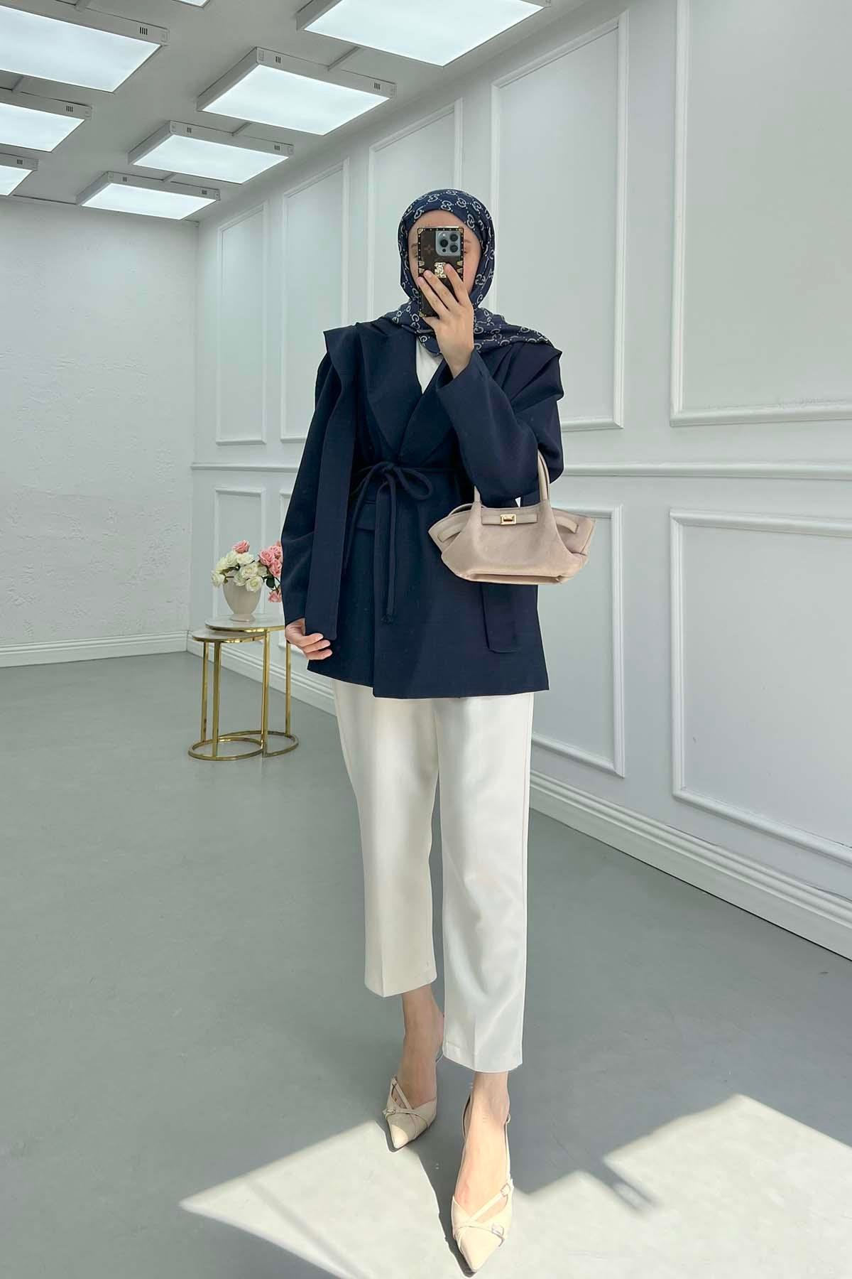 Sare Fashion Shoulder Detailed Belted Lined Jacket Navy Blue