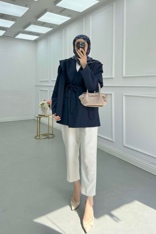 Sare Fashion Shoulder Detailed Belted Lined Jacket Navy Blue