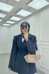 Sare Fashion Shoulder Detailed Belted Lined Jacket Navy Blue