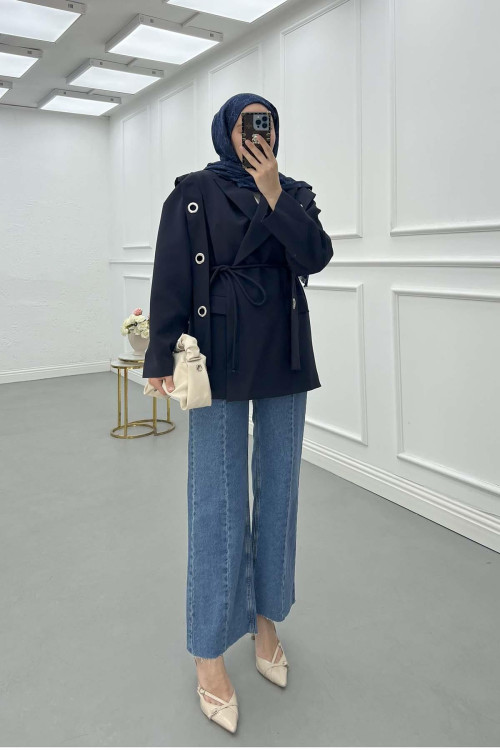 Sare Fashion Shoulder Detailed Belted Lined Jacket Navy Blue