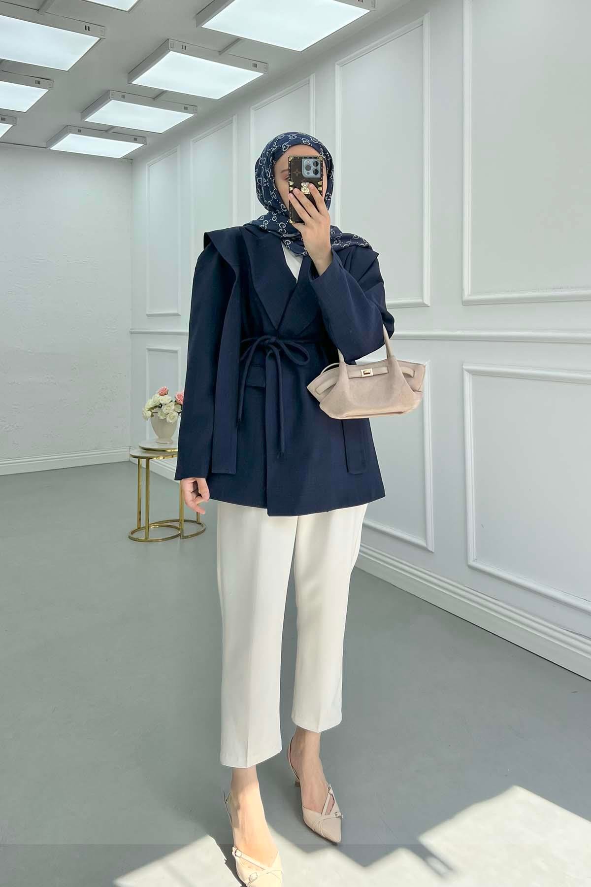 Sare Fashion Shoulder Detailed Belted Lined Jacket Navy Blue