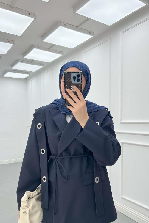 Sare Fashion Shoulder Detailed Belted Lined Jacket Navy Blue