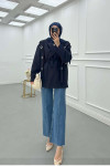 Sare Fashion Shoulder Detailed Belted Lined Jacket Navy Blue