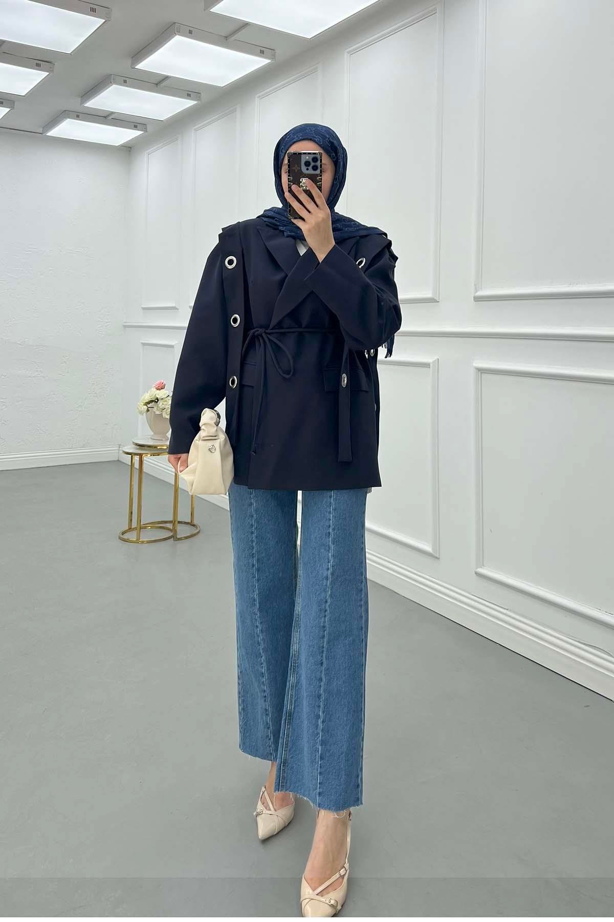 Sare Fashion Shoulder Detailed Belted Lined Jacket Navy Blue