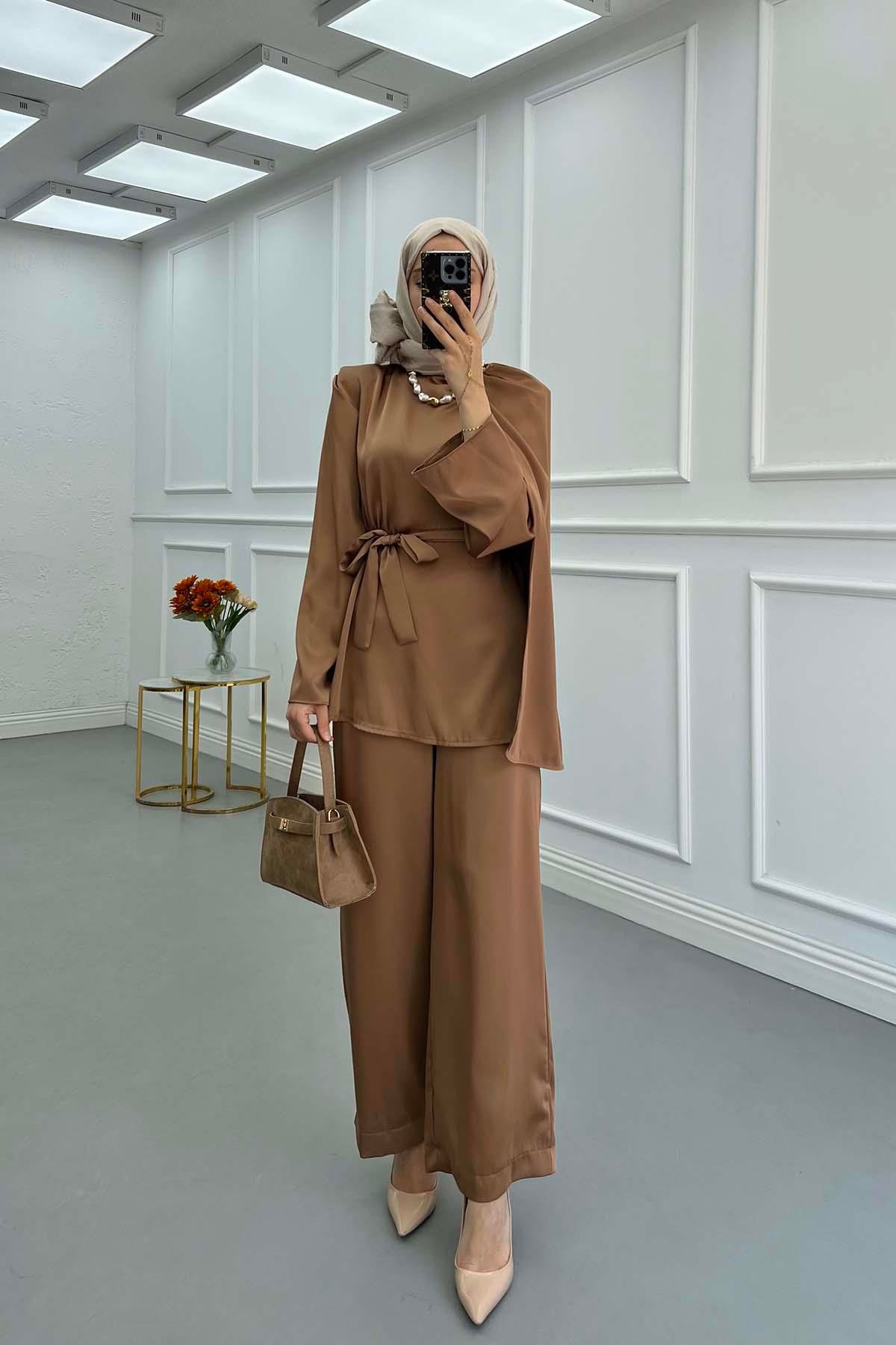 Sare Fashion Shoulder Detailed Satin Suit Copper