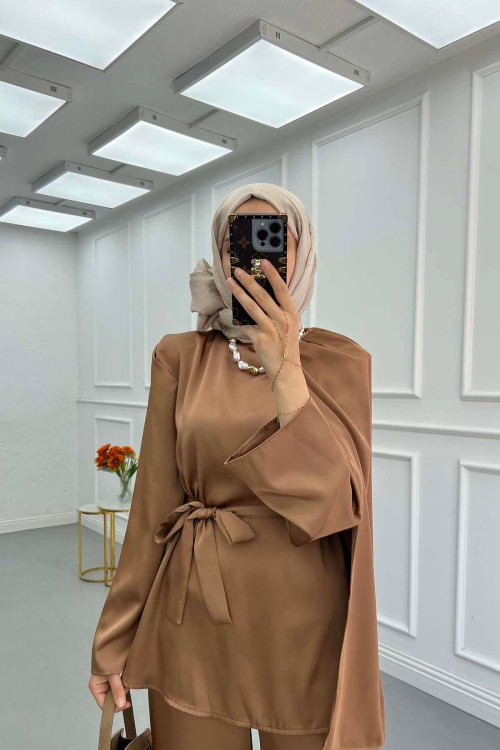 Sare Fashion Shoulder Detailed Satin Suit Copper