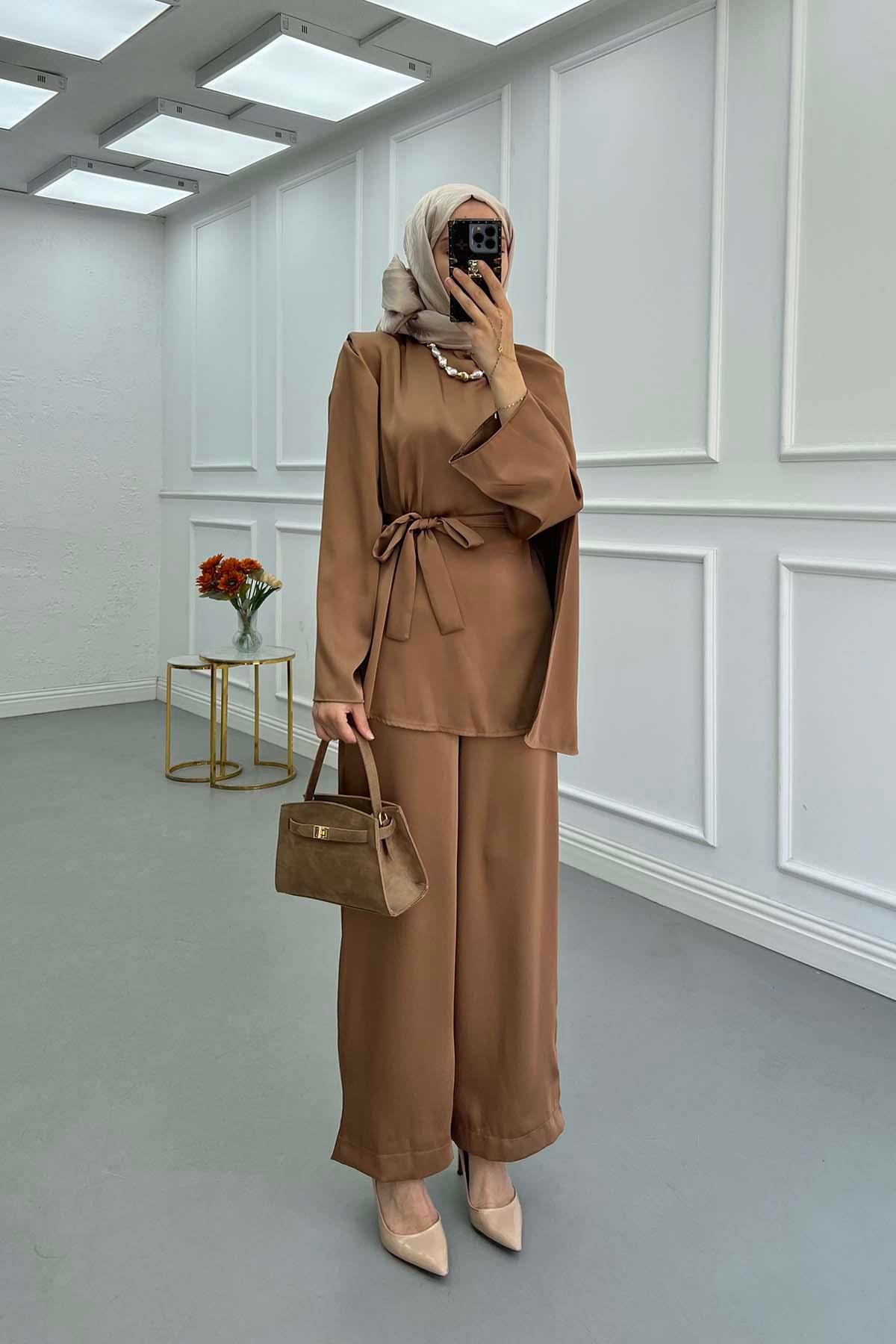 Sare Fashion Shoulder Detailed Satin Suit Copper