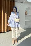 Sare Fashion Shoulder Button Detailed Striped Tunic Blue