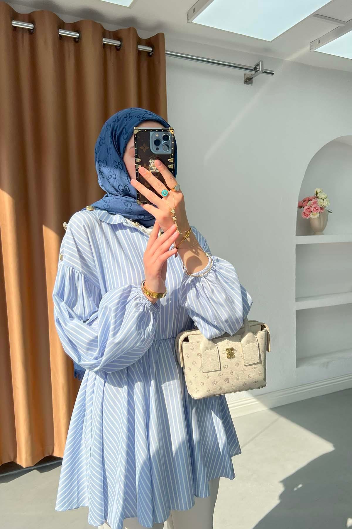 Sare Fashion Shoulder Button Detailed Striped Tunic Blue