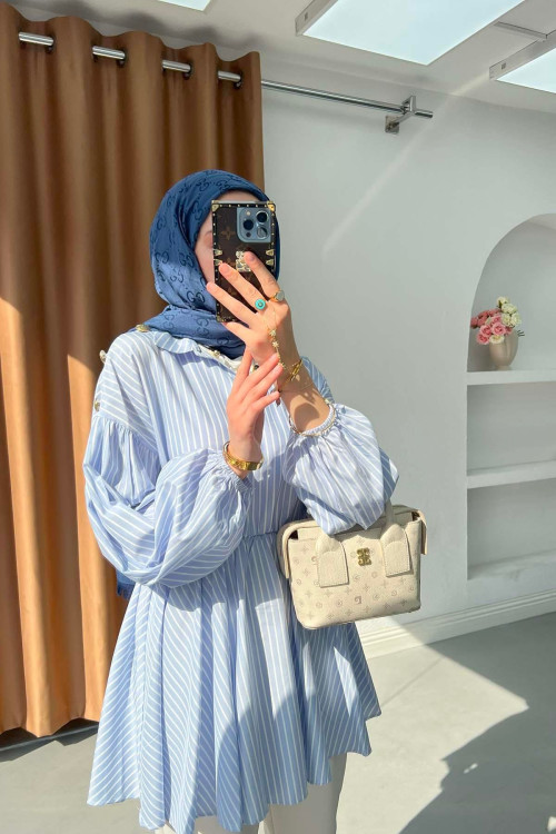 Sare Fashion Shoulder Button Detailed Striped Tunic Blue