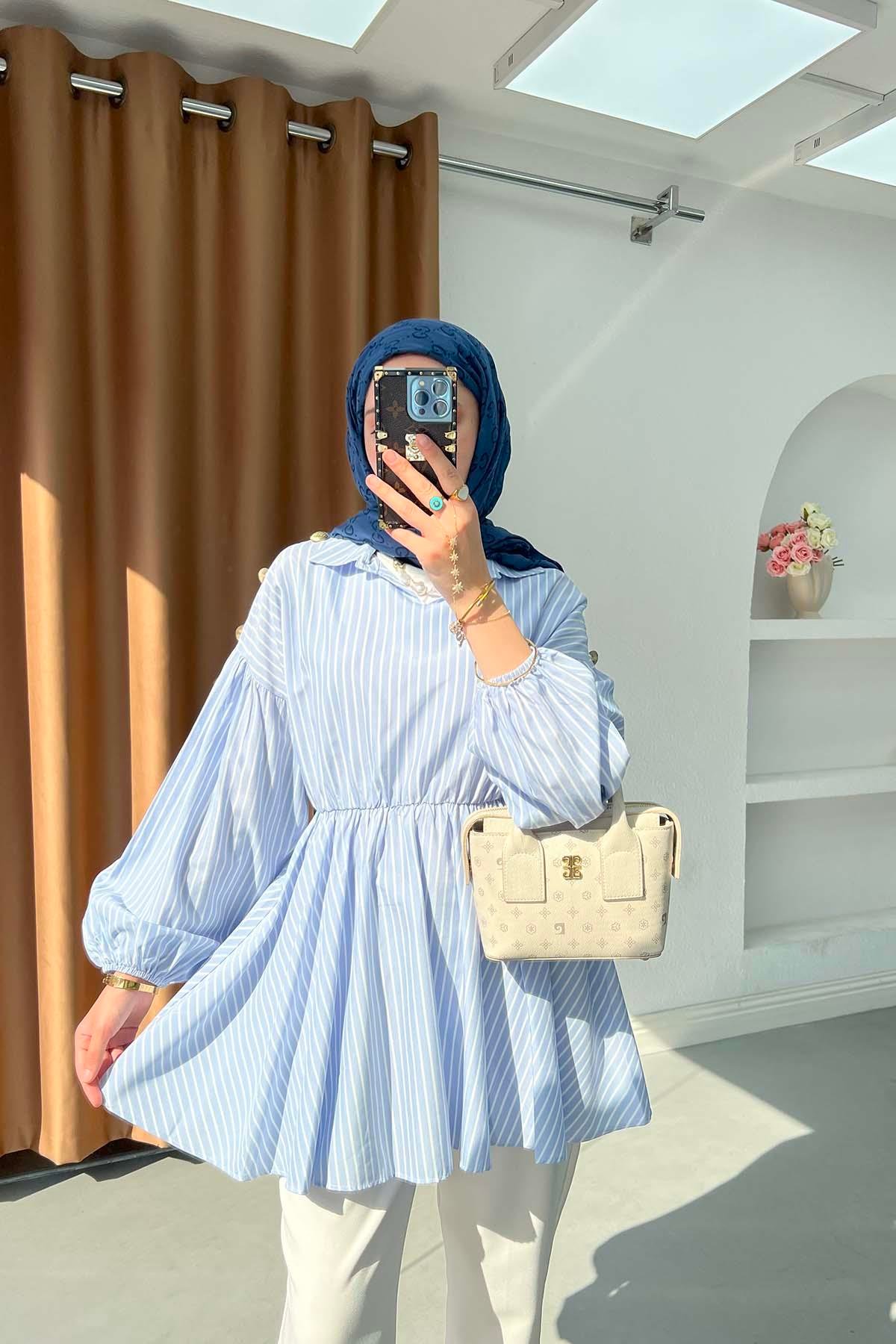 Sare Fashion Shoulder Button Detailed Striped Tunic Blue