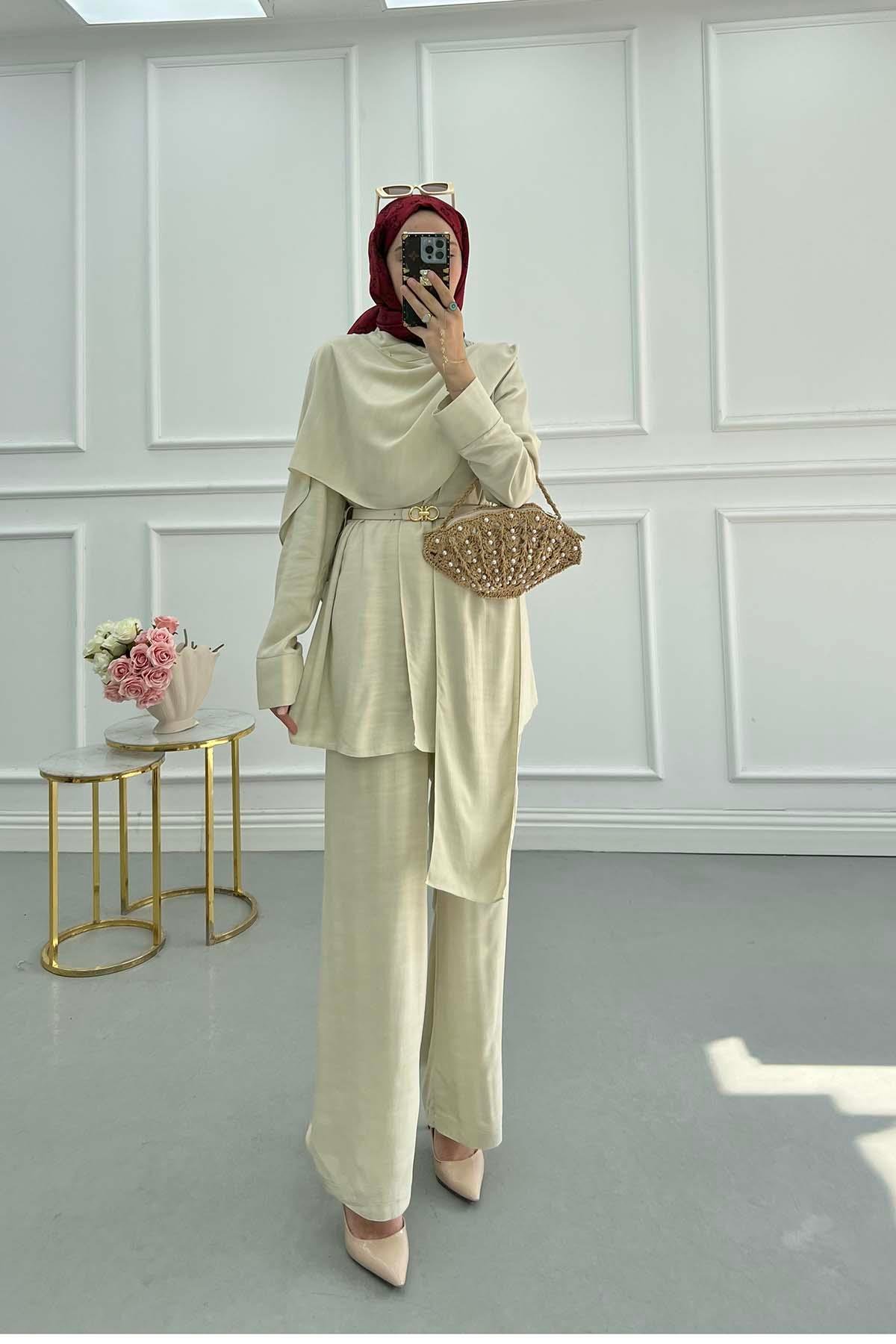 Sare Fashion Shoulder Cape Suit Beige