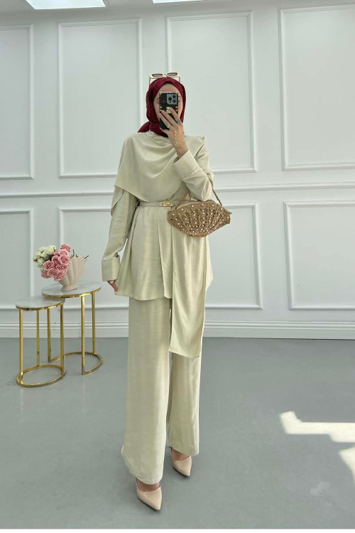 Sare Fashion Shoulder Cape Suit Beige