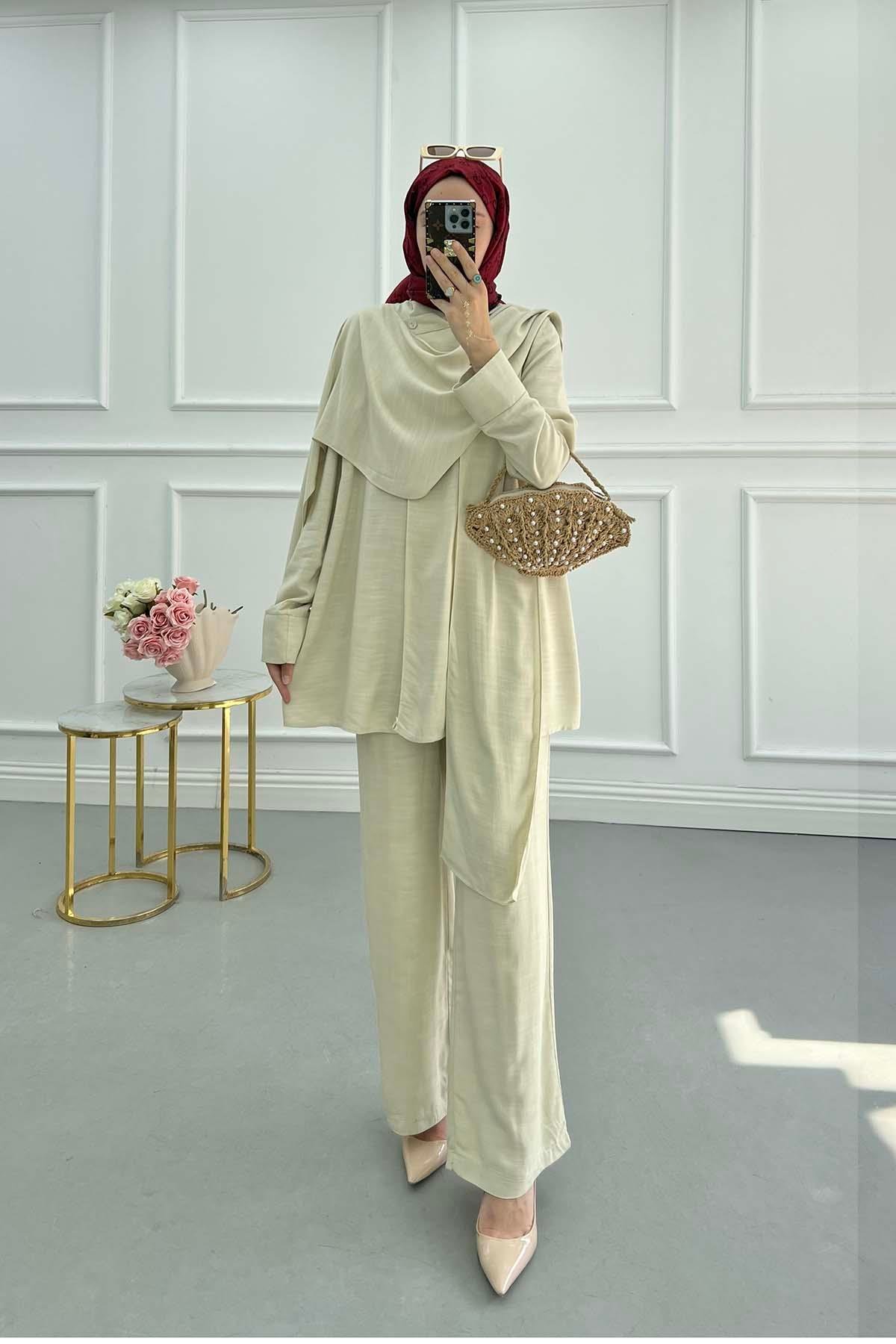 Sare Fashion Shoulder Cape Suit Beige