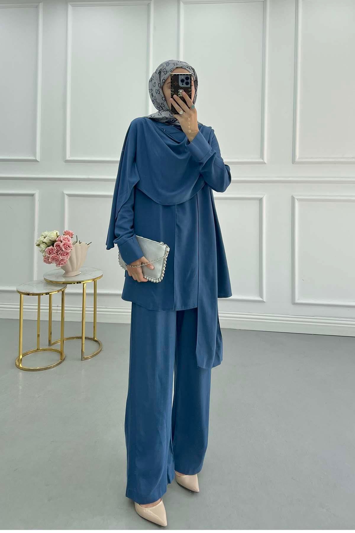 Sare Fashion Indigo Shoulder Cape Suit