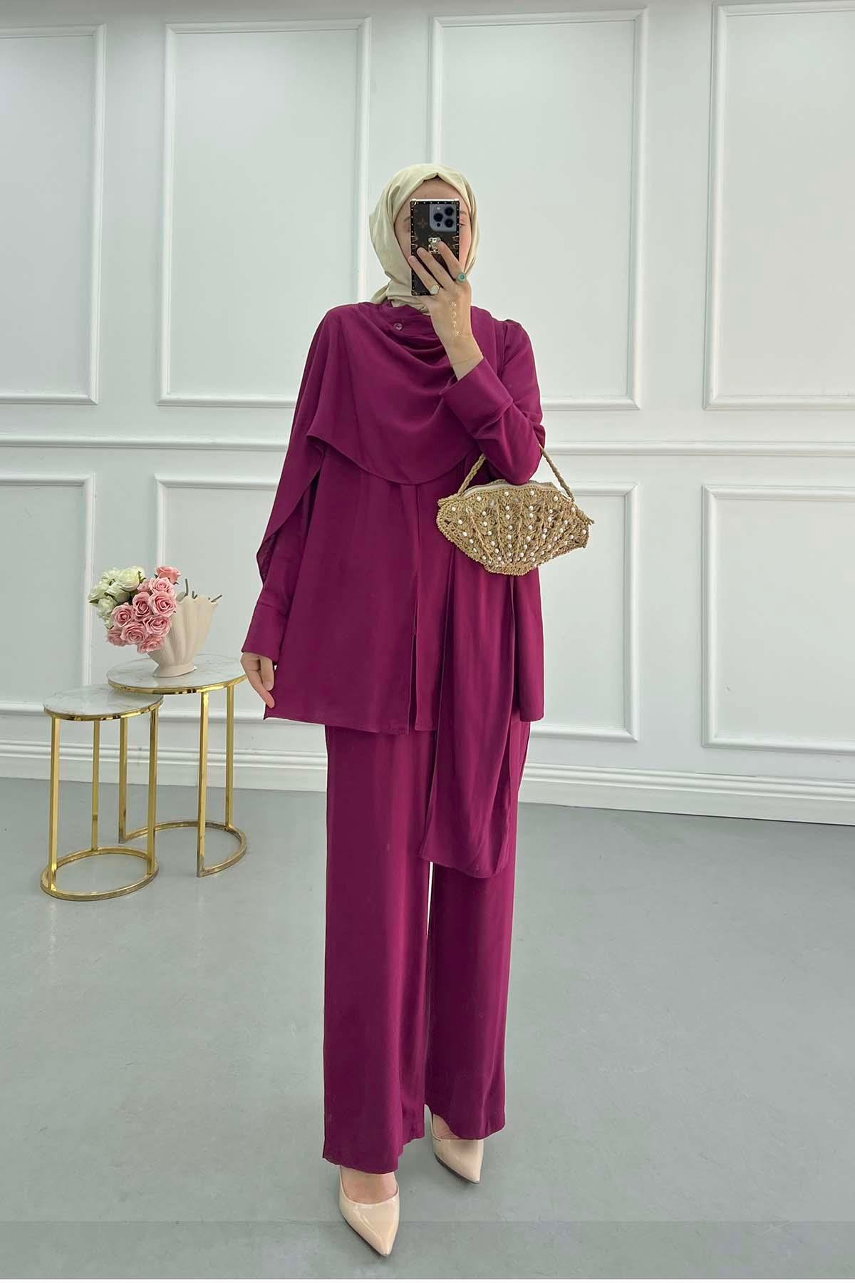 Sare Fashion Shoulder Cape Suit Cherry Maroon