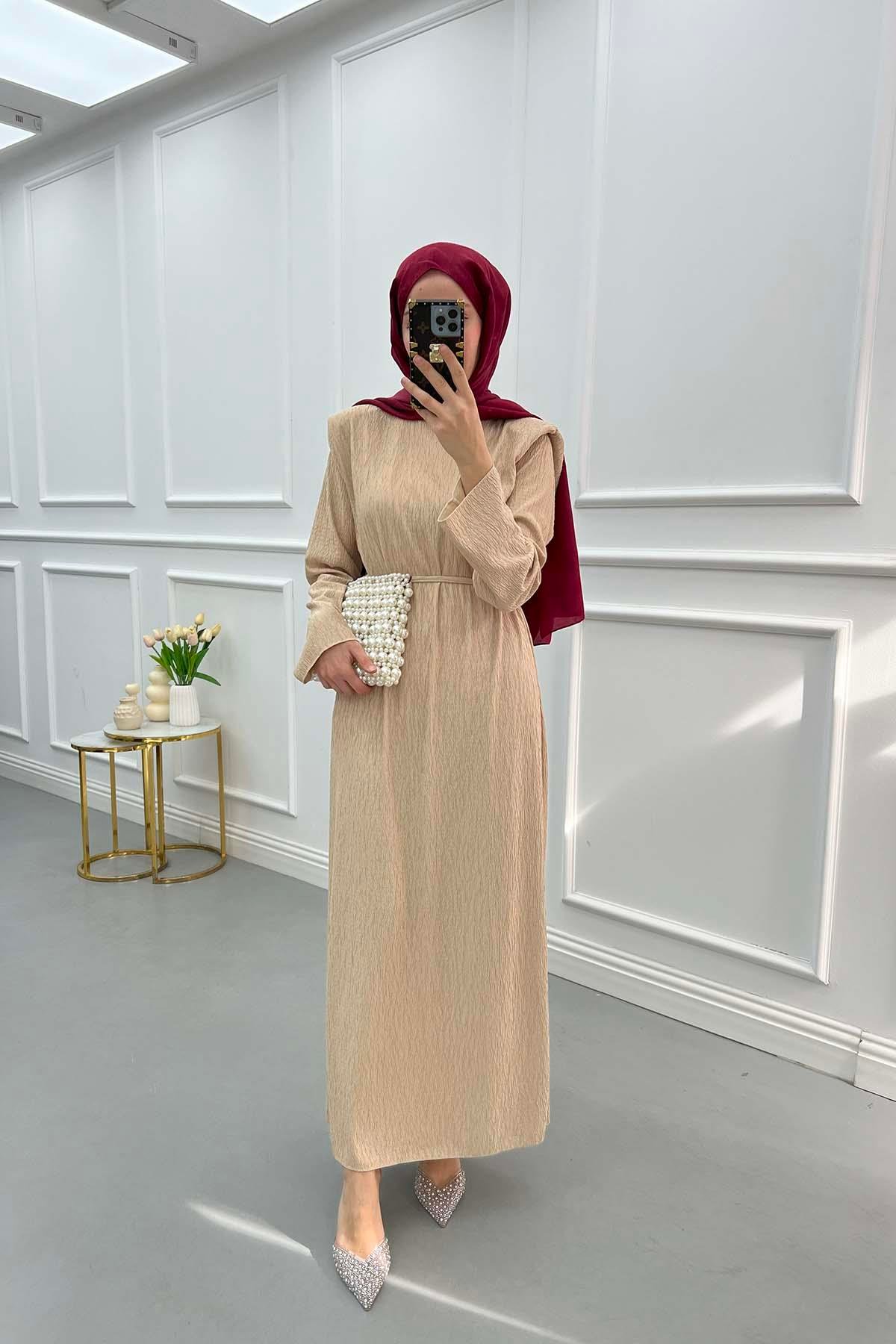 Shoulder Padded Crepe Dress Beige