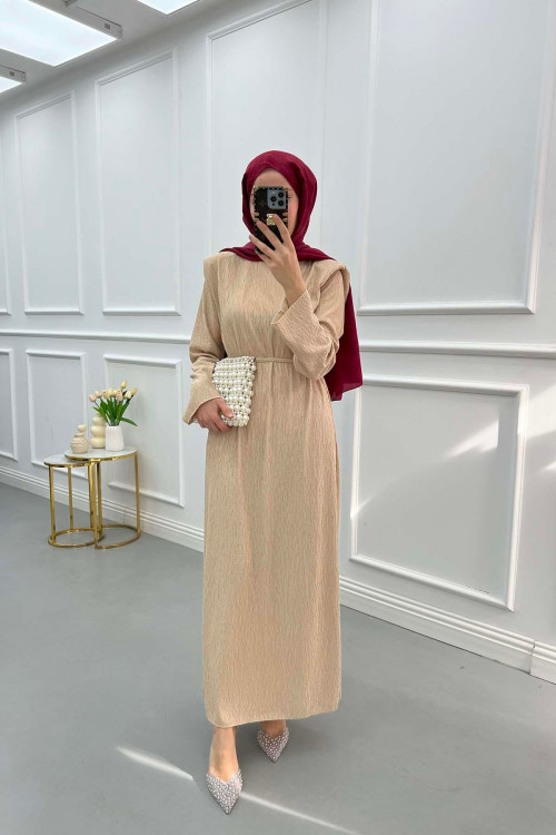 Shoulder Padded Crepe Dress Beige