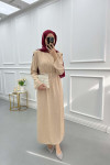 Shoulder Padded Crepe Dress Beige