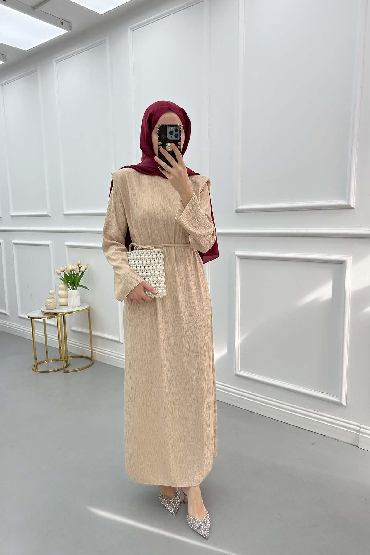 Shoulder Padded Crepe Dress Beige