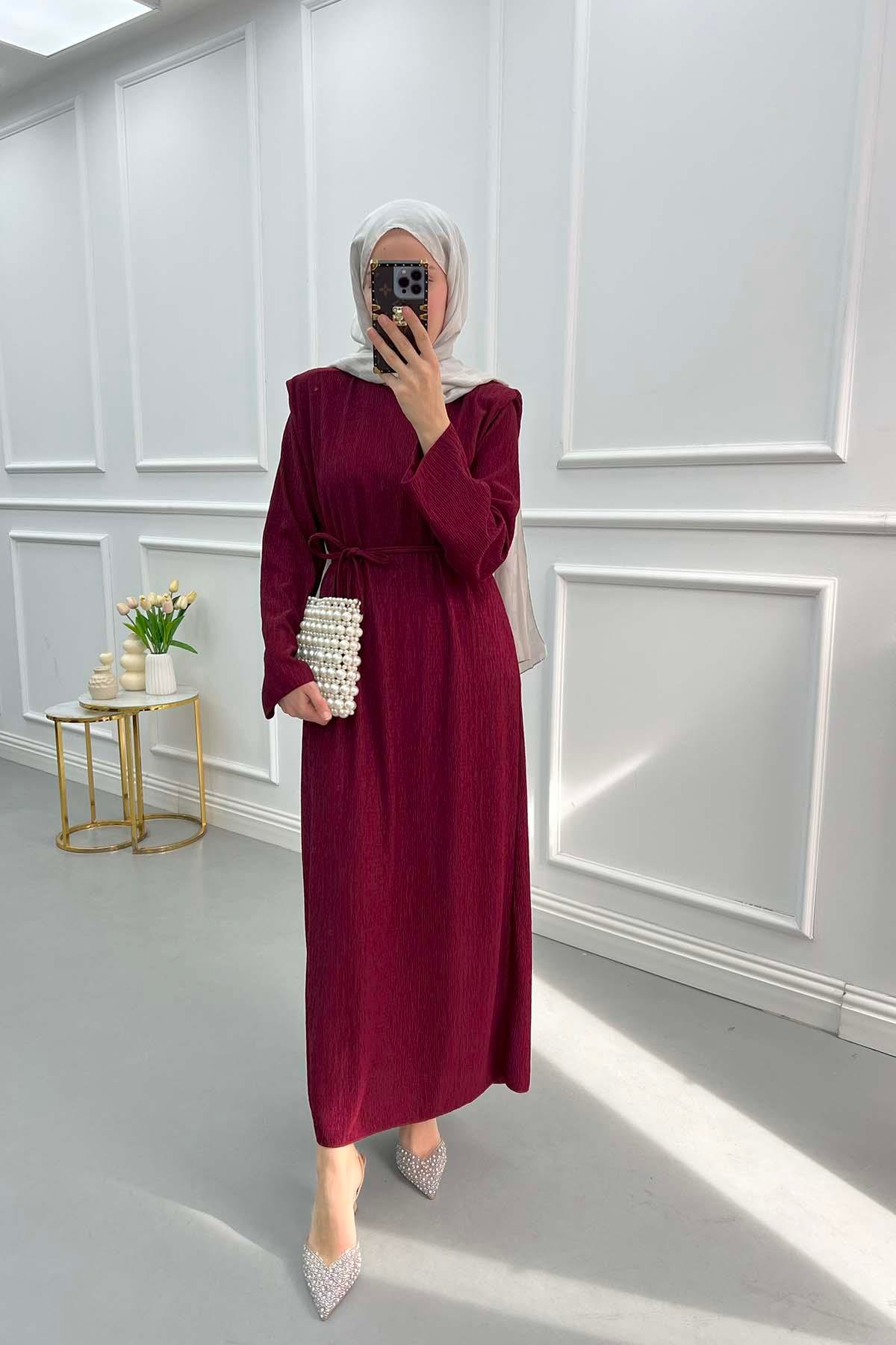 Shoulder Padded Crepe Dress Claret Red