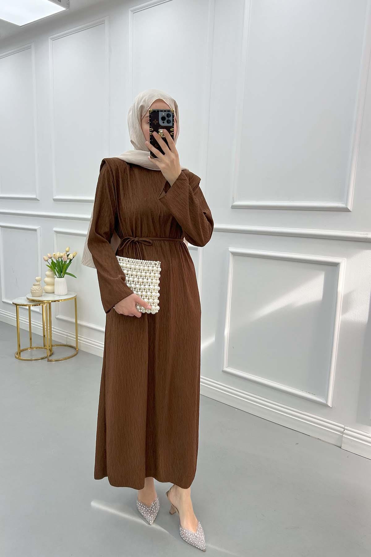 Shoulder Padded Crepe Dress Brown