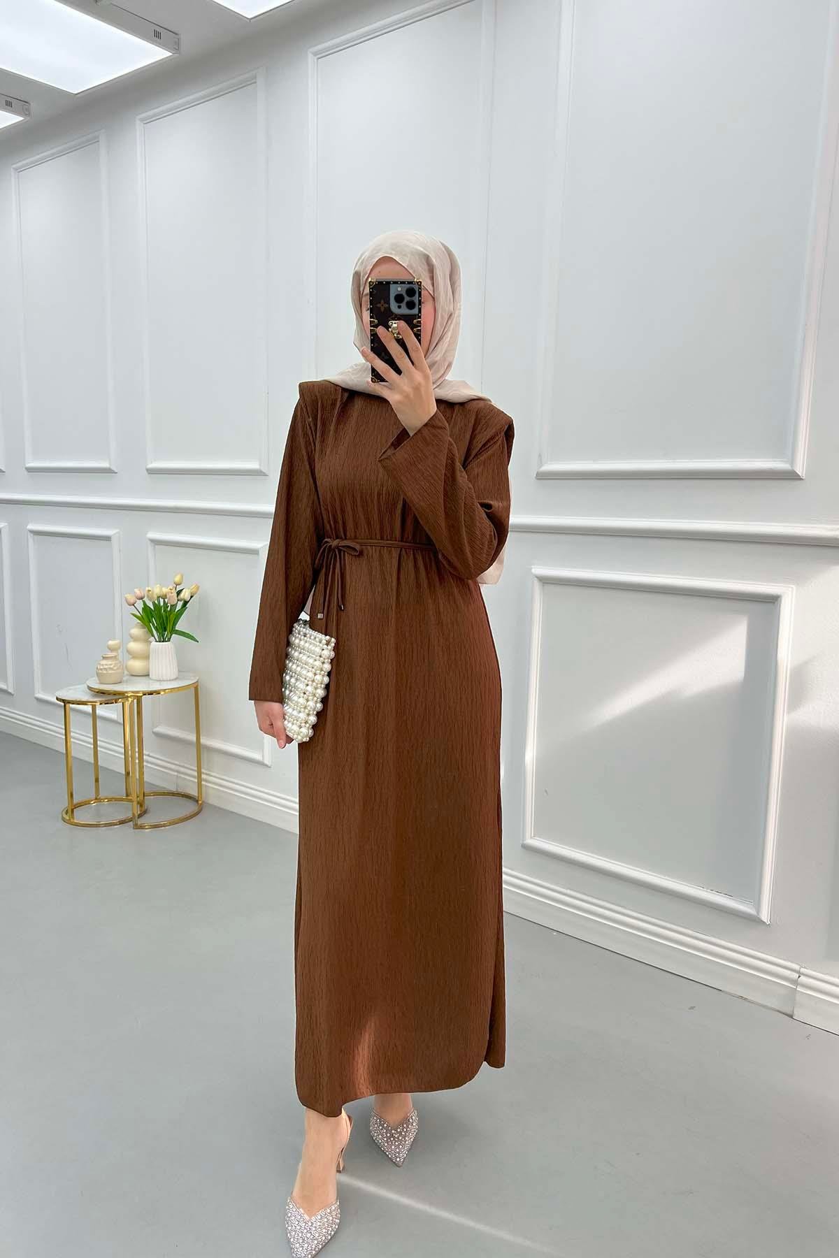 Shoulder Padded Crepe Dress Brown