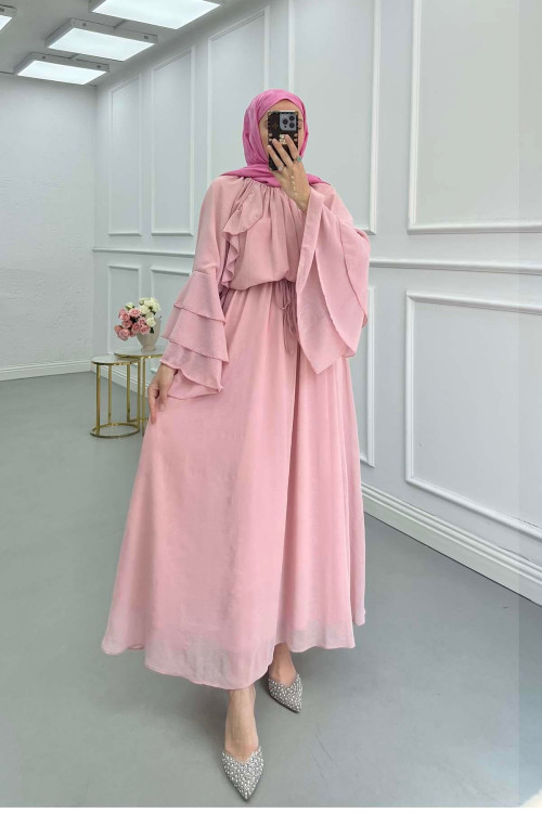 Sare Fashion Shoulder and Sleeve Detailed Lined Tulle Dress Powder