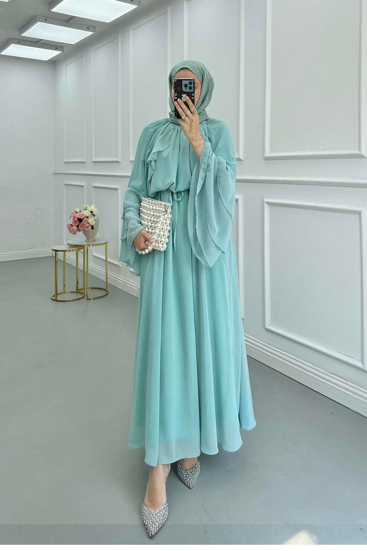 Sare Fashion Lined Tulle Dress with Shoulder and Sleeve Details Mint Green