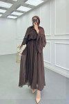 Sare Fashion Shoulder and Sleeve Detailed Lined Tulle Dress Brown