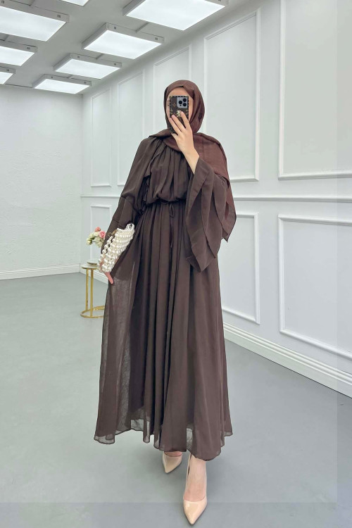 Sare Fashion Shoulder and Sleeve Detailed Lined Tulle Dress Brown