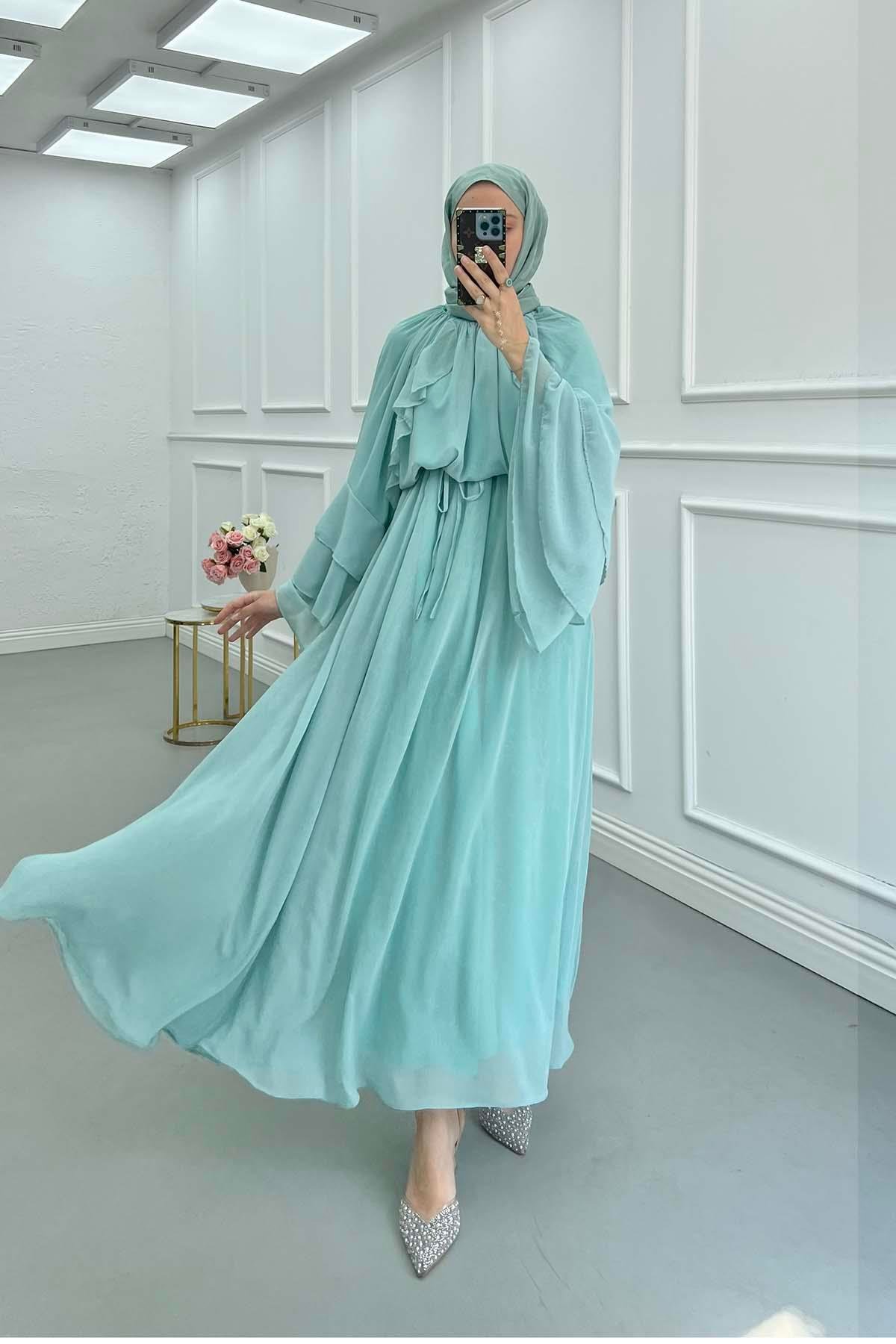 Sare Fashion Lined Tulle Dress with Shoulder and Sleeve Details Mint Green