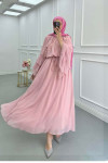 Sare Fashion Shoulder and Sleeve Detailed Lined Tulle Dress Powder